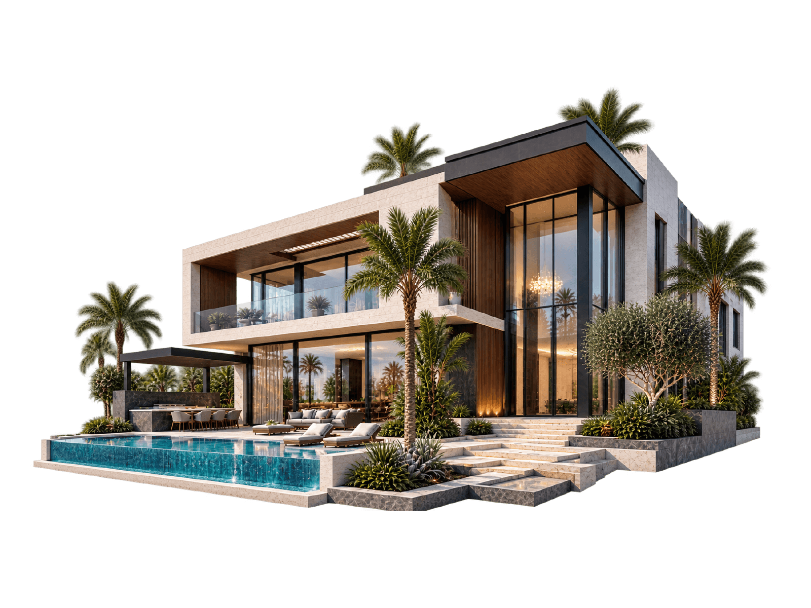 Modern Two-Story House with Glass Windows and Wood-Metal Exterior Modern two-story house with large glass windows, wooden and metal exterior, surrounded by greenery, set against a black background. Sleek and minimalist design.